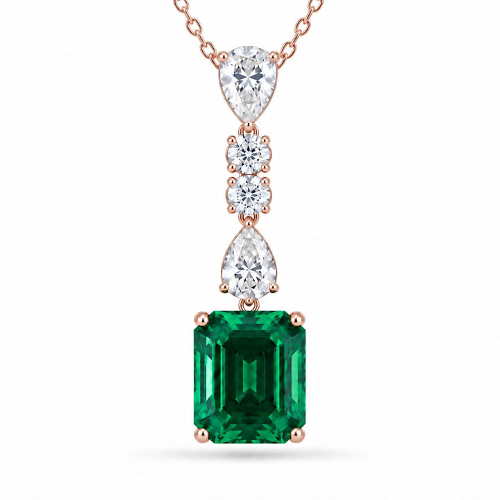 Emerald-Cut Lab Emerald & Diamond Drop Pendant — 4.50ct close-up detail in 14K Rose Gold
