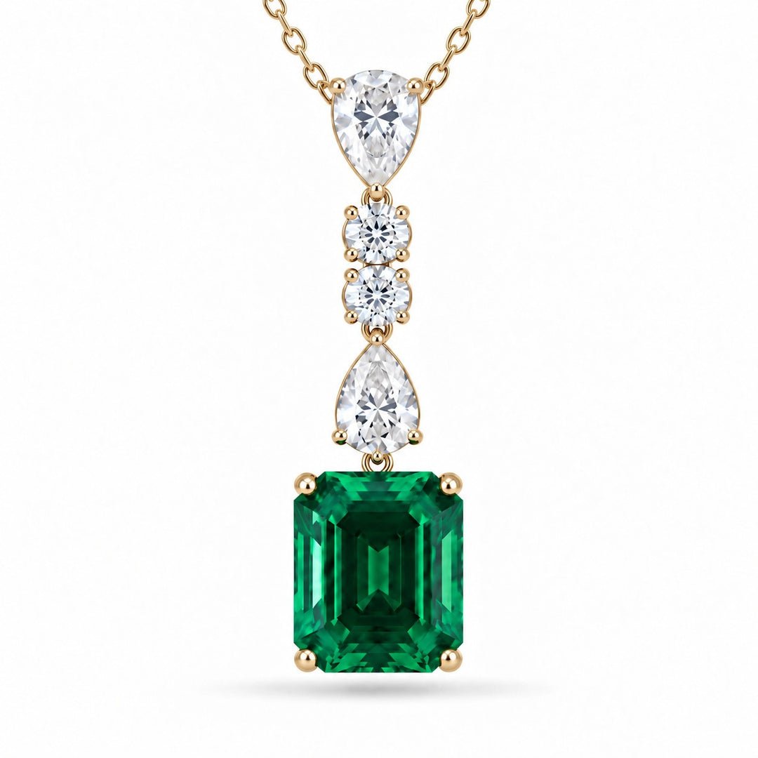 Emerald-Cut Lab Emerald & Diamond Drop Pendant — 4.50ct close-up detail in 14K Yellow Gold