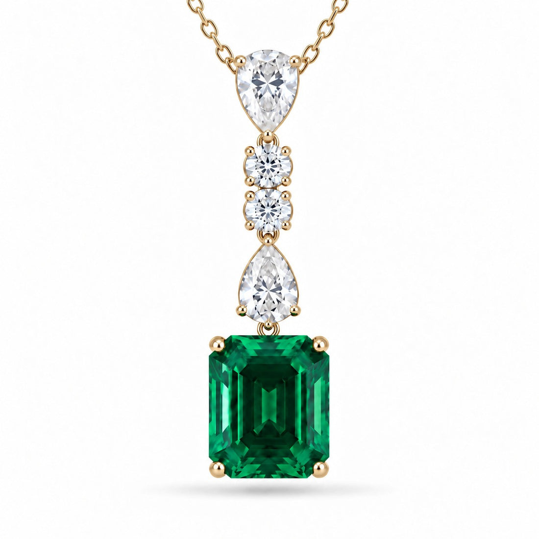 Emerald-Cut Lab Emerald & Diamond Drop Pendant — 4.50ct close-up detail in 14K Yellow Gold