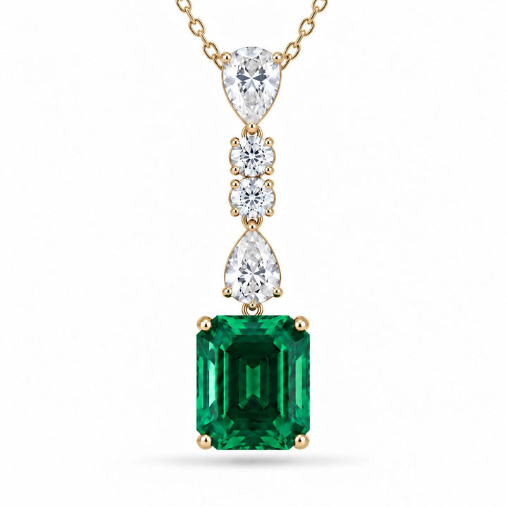 Emerald-Cut Lab Emerald & Diamond Drop Pendant — 4.50ct close-up detail in 14K Yellow Gold