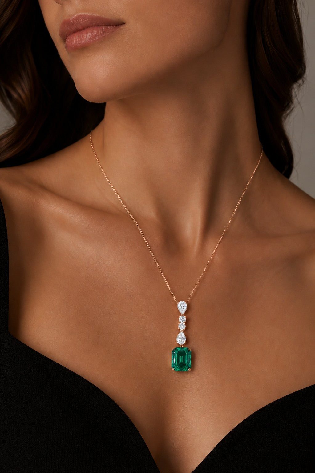 Emerald-Cut Lab Emerald & Diamond Drop Pendant — 4.50ct worn on model in 14K Rose Gold