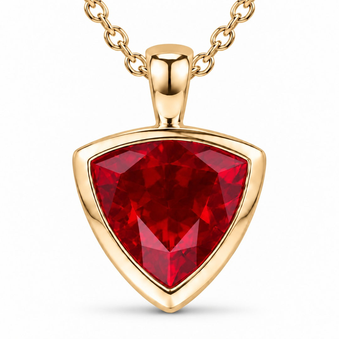 Bezel-Set Trillion Lab Ruby Pendant — 13mm close-up detail in 14K Yellow Gold