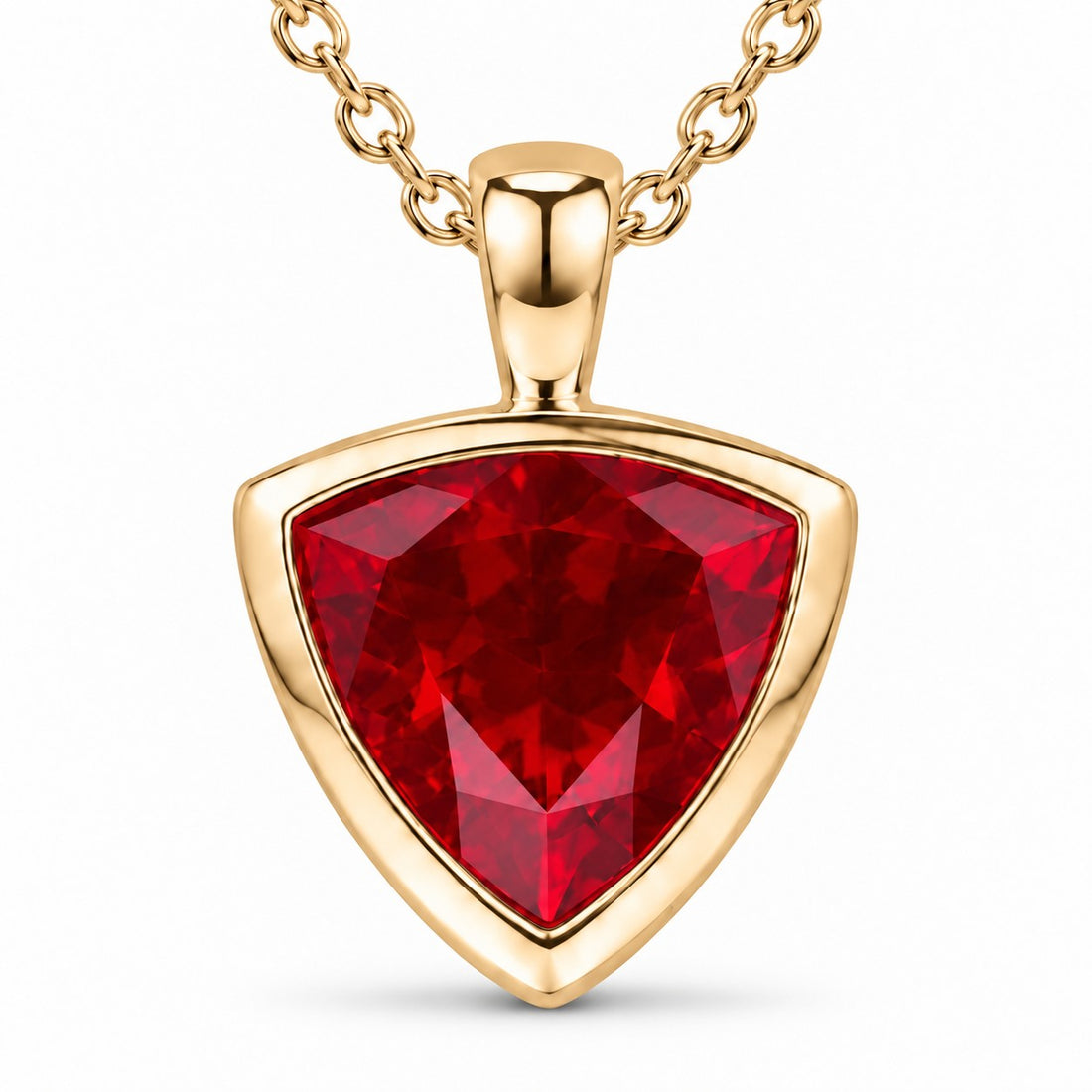 Bezel-Set Trillion Lab Ruby Pendant — 13mm close-up detail in 14K Yellow Gold