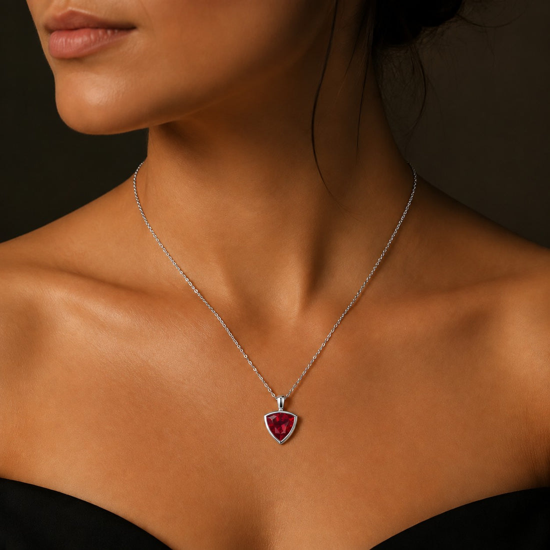 Bezel-Set Trillion Lab Ruby Pendant — 13mm worn on model in 14K White Gold