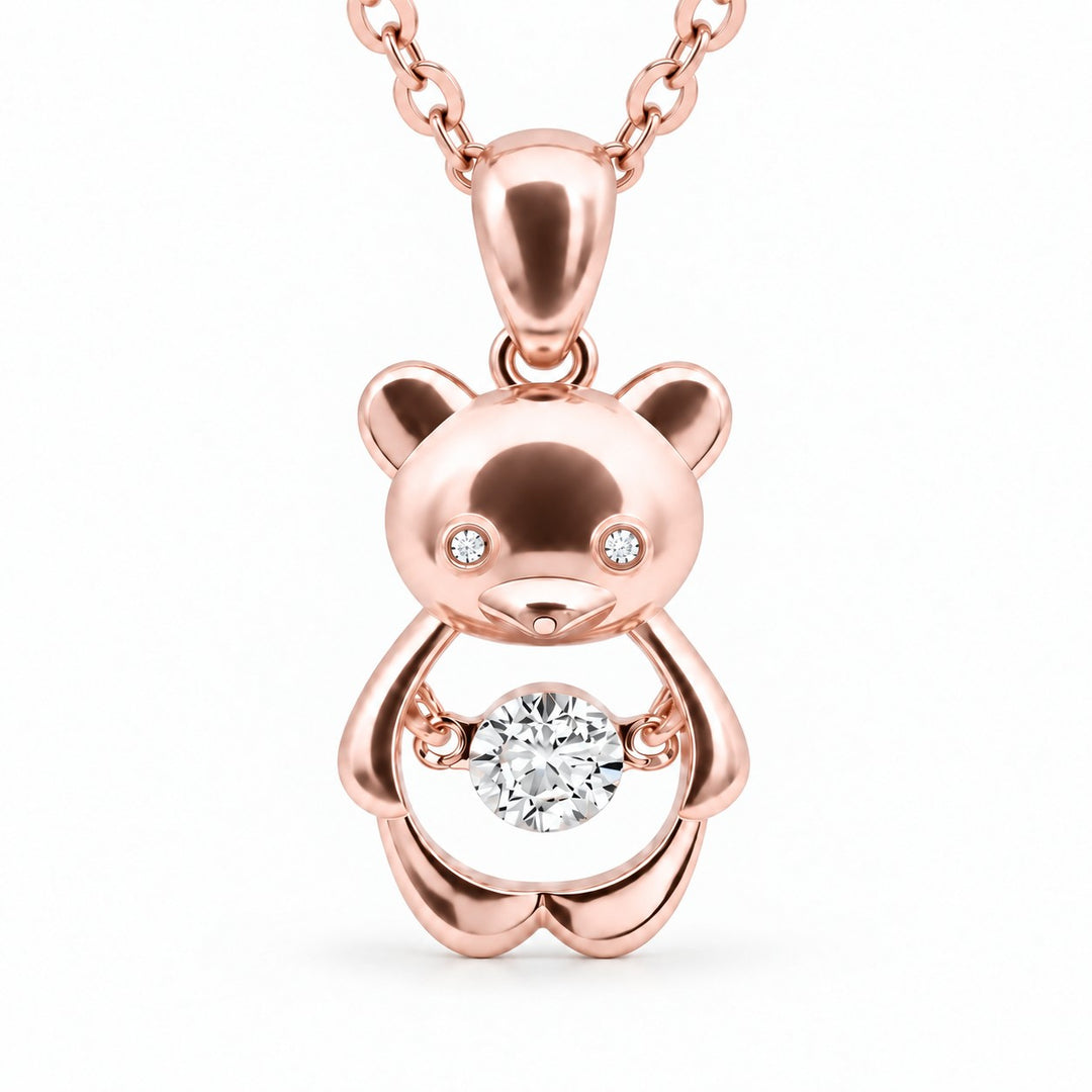 Bear Pendant with Dancing Lab Diamond close-up detail in 14K Rose Gold