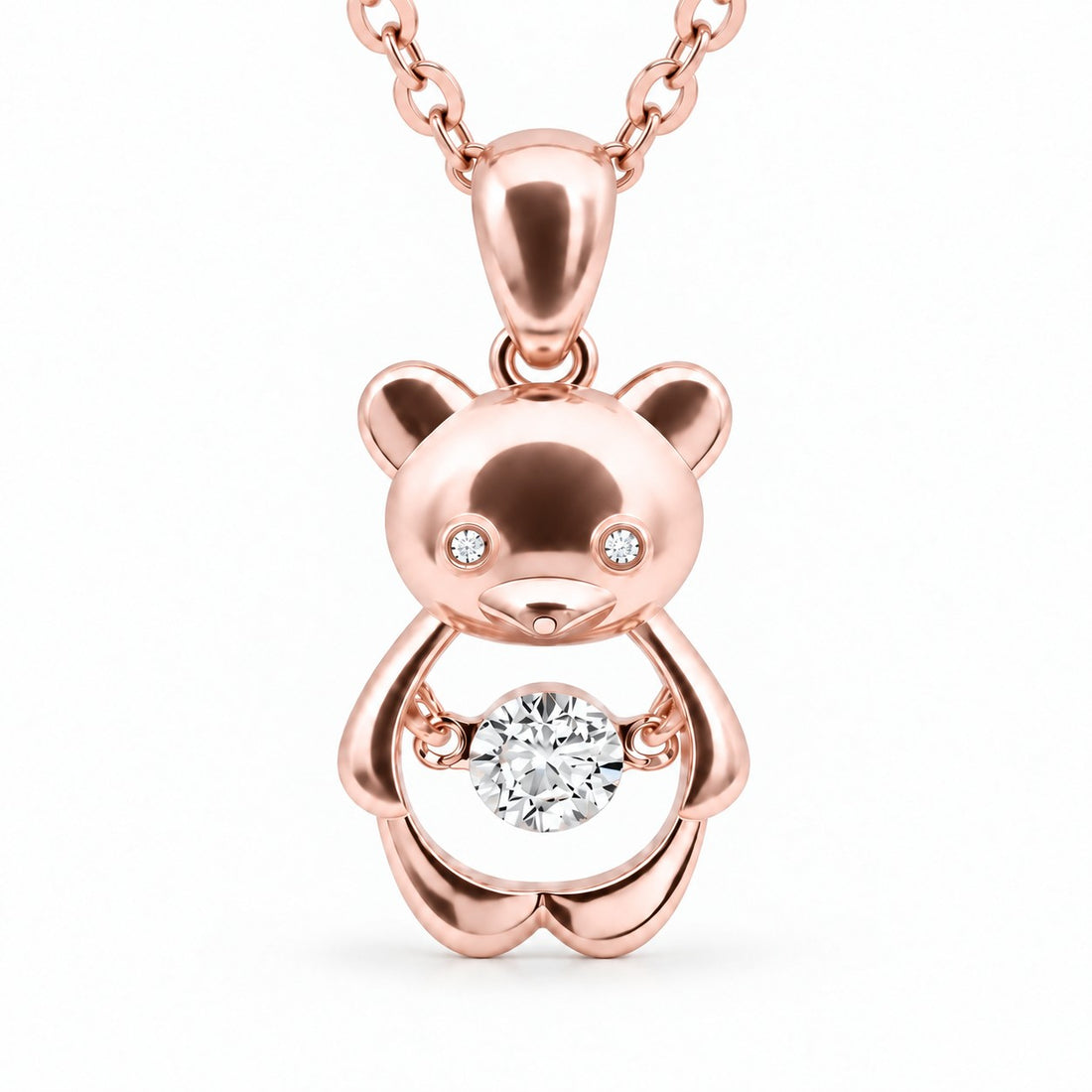 Bear Pendant with Dancing Lab Diamond close-up detail in 14K Rose Gold