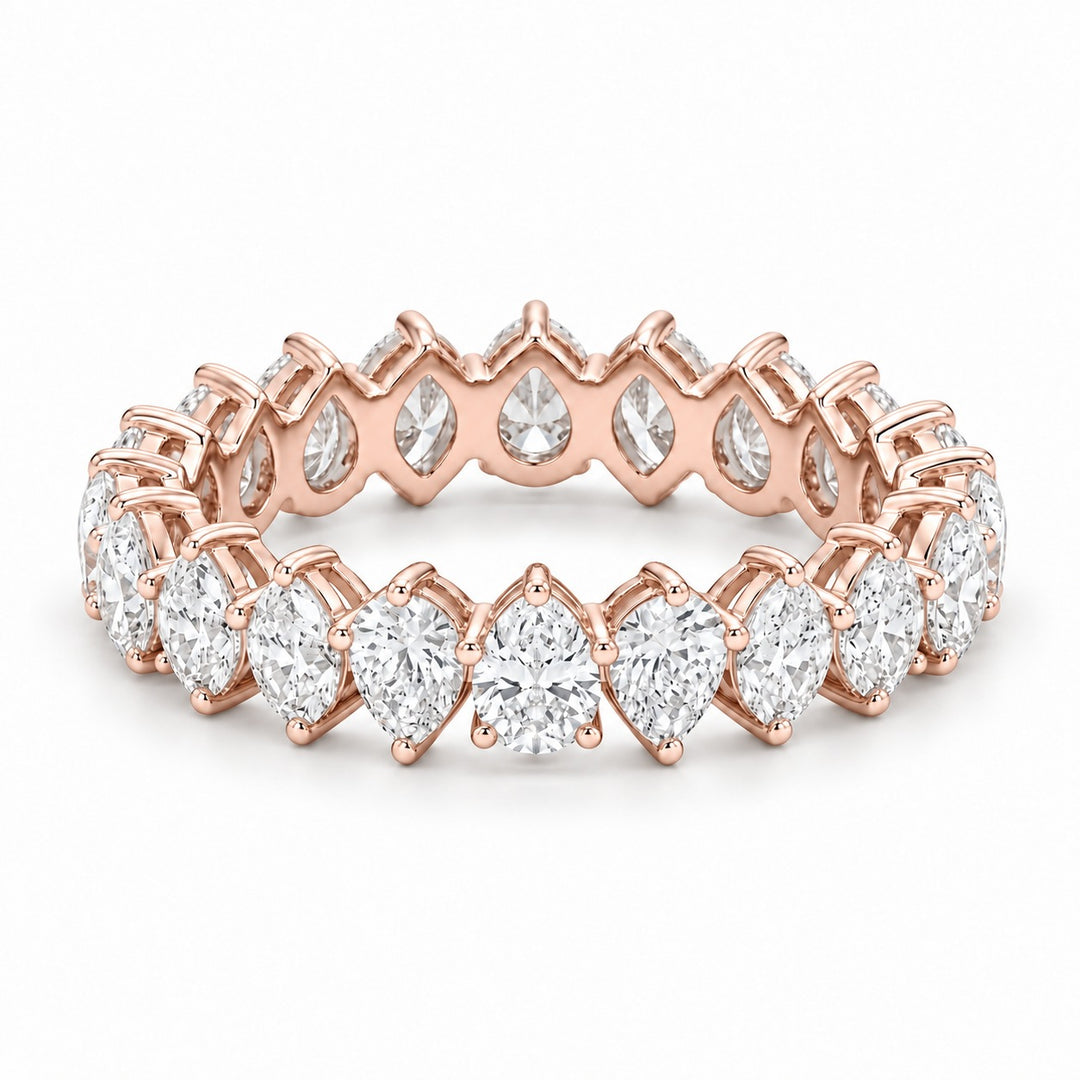 Pear interlocking lab-grown diamond eternity band, 4x3mm, 14K rose gold, angled view