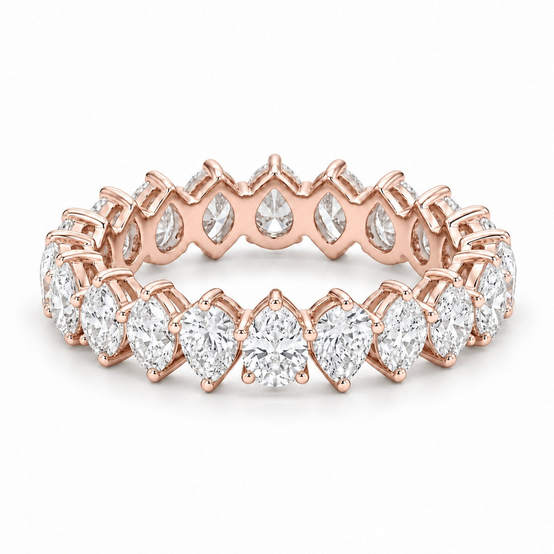 Pear interlocking lab-grown diamond eternity band, 4x3mm, 14K rose gold, angled view