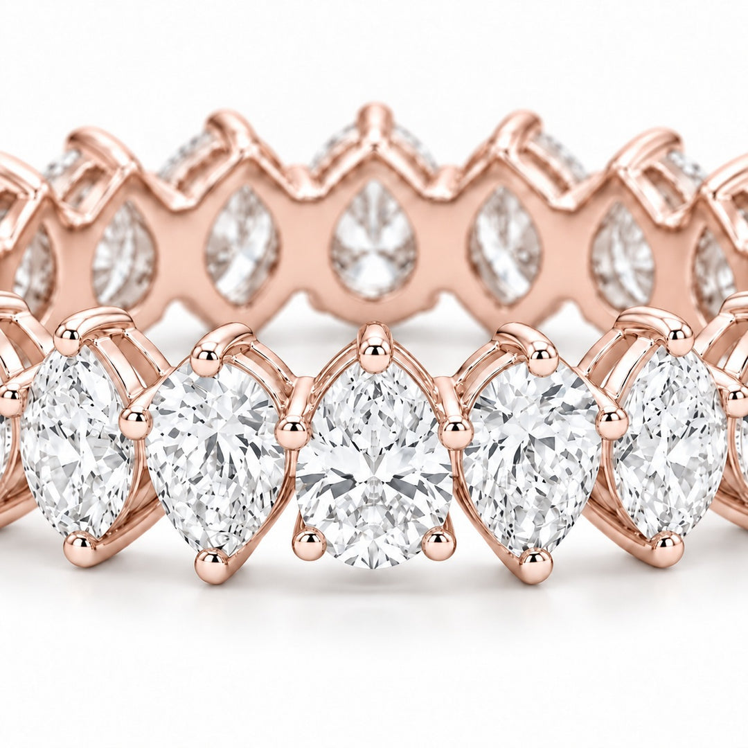 Pear interlocking lab-grown diamond eternity band, 4x3mm, 14K rose gold, macro of the stones