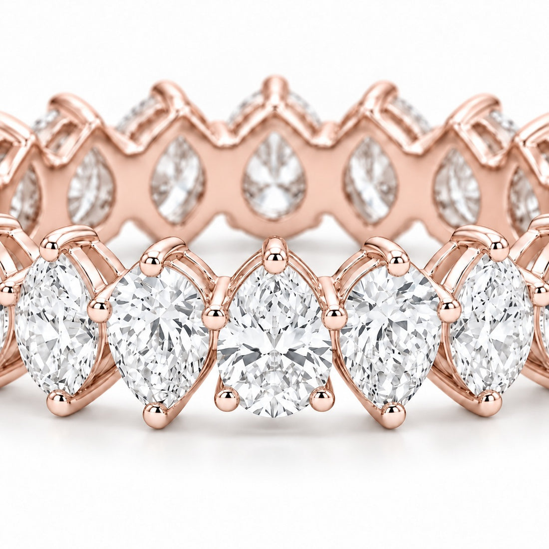 Pear interlocking lab-grown diamond eternity band, 4x3mm, 14K rose gold, macro of the stones