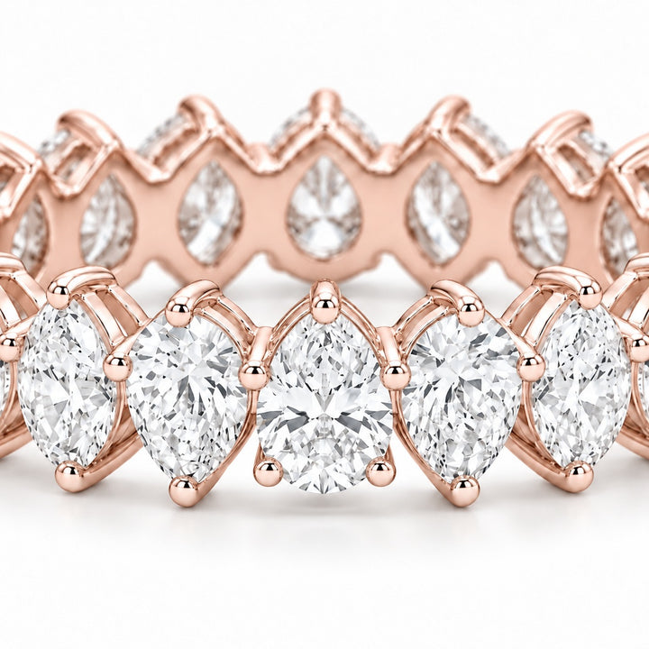 Pear interlocking lab-grown diamond eternity band, 4x3mm, 14K rose gold, macro of the stones