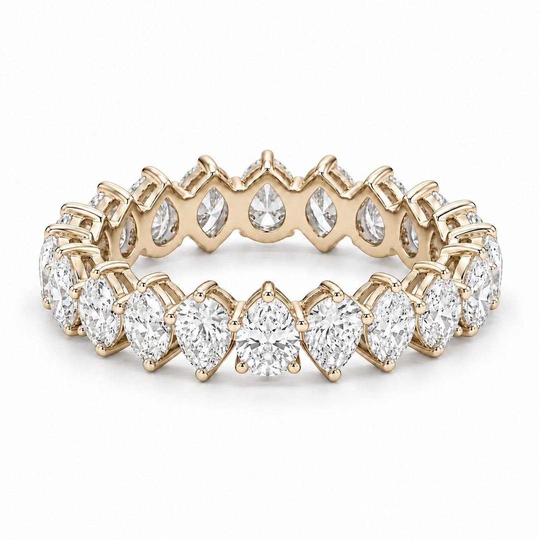 Pear interlocking lab-grown diamond eternity band, 4x3mm, 14K yellow gold, angled view