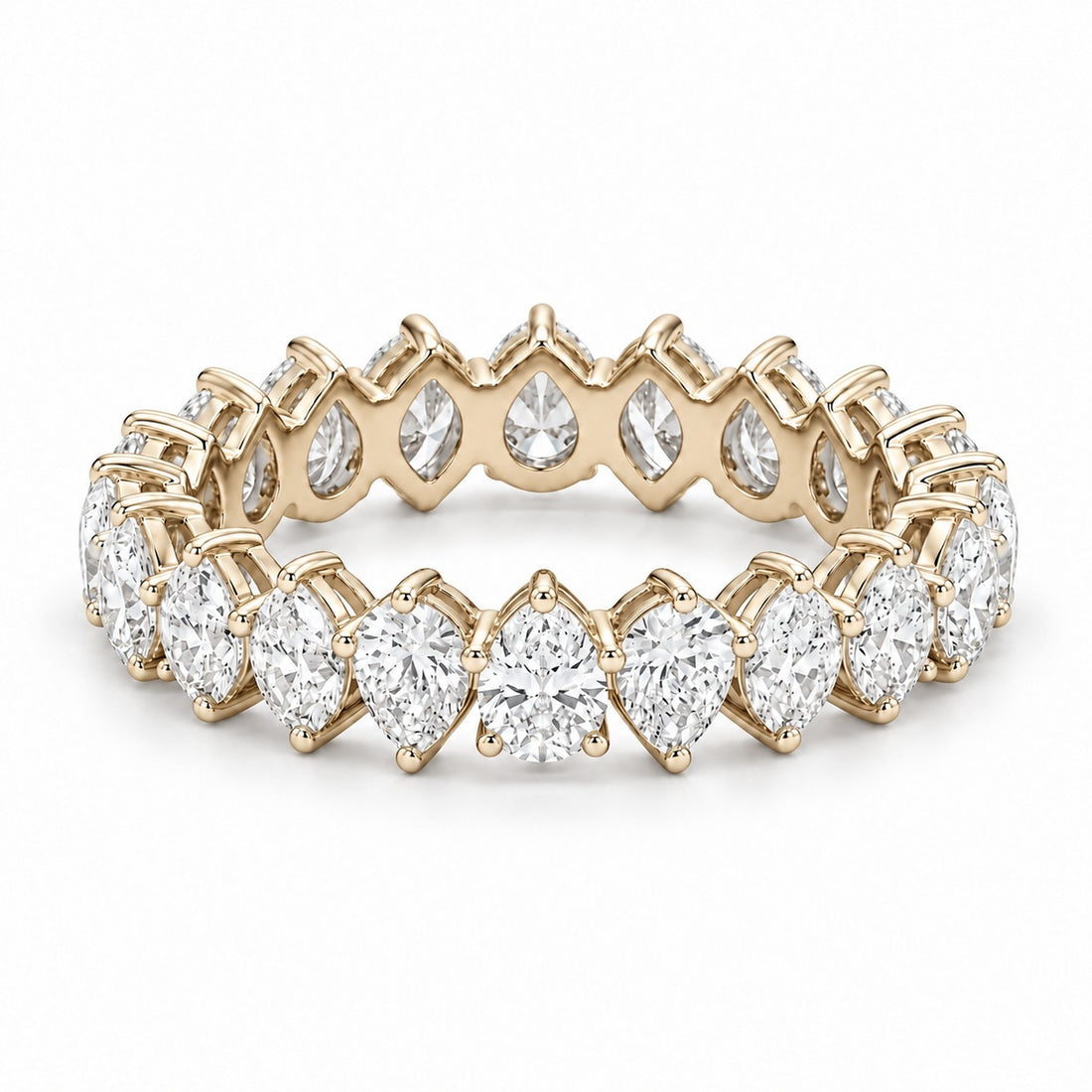 Pear interlocking lab-grown diamond eternity band, 4x3mm, 14K yellow gold, angled view