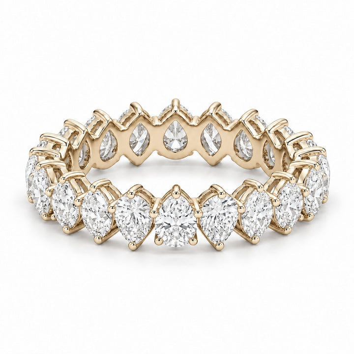 Pear interlocking lab-grown diamond eternity band, 4x3mm, 14K yellow gold, angled view