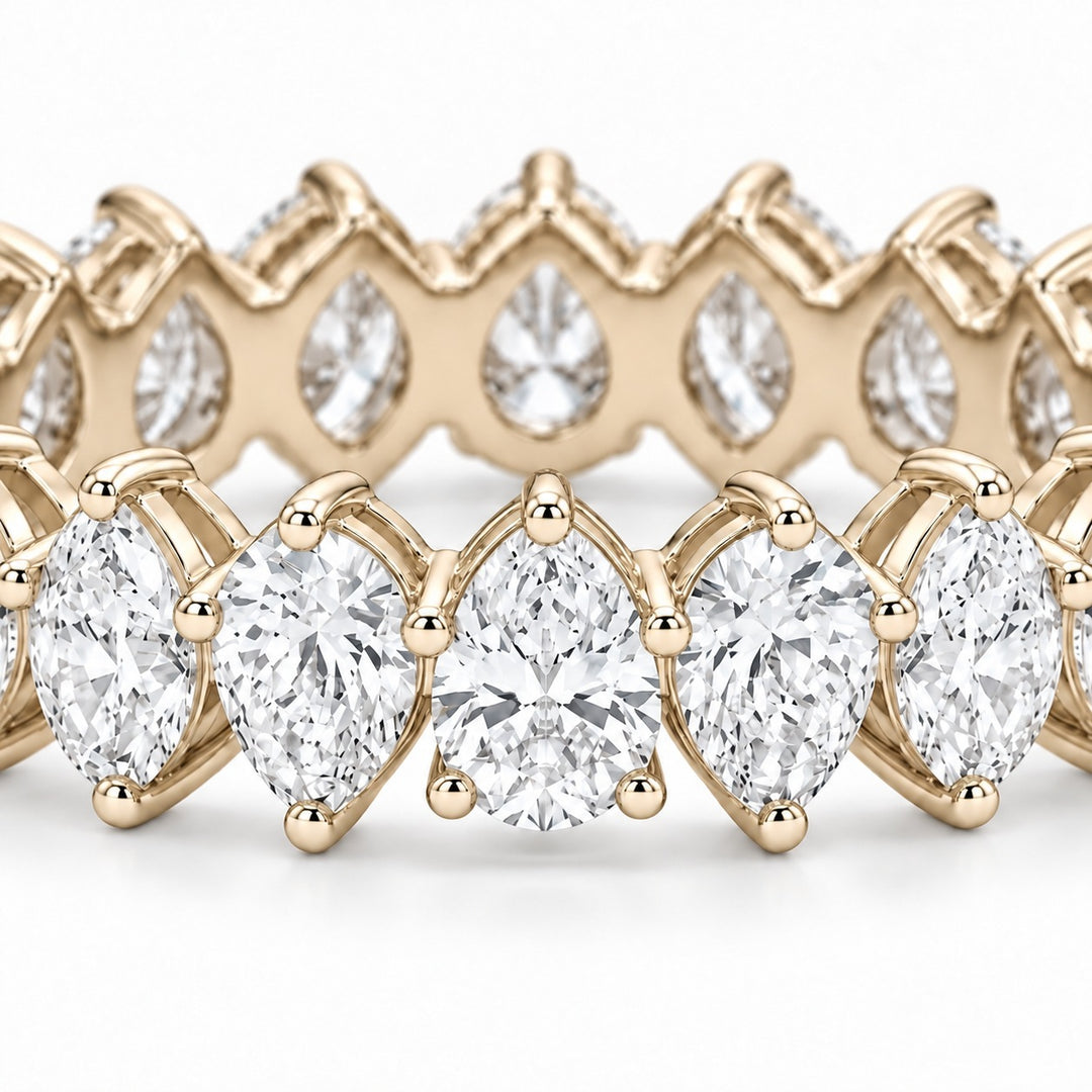 Pear interlocking lab-grown diamond eternity band, 4x3mm, 14K yellow gold, macro of the stones