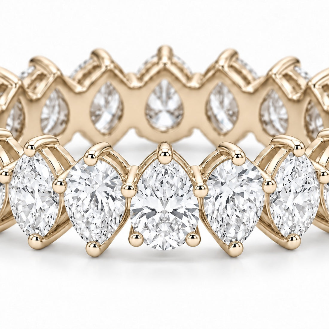 Pear interlocking lab-grown diamond eternity band, 4x3mm, 14K yellow gold, macro of the stones
