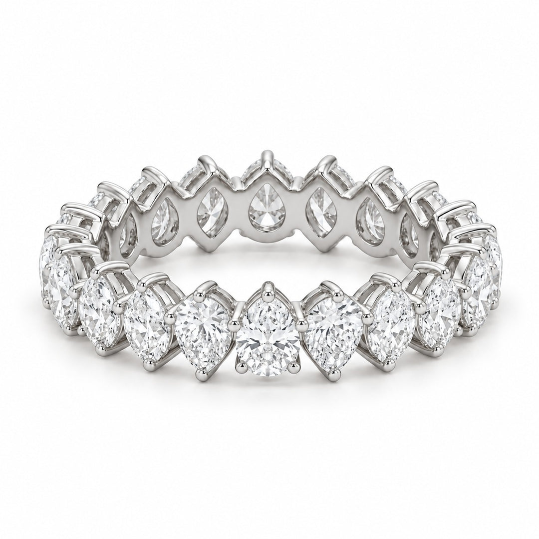 Pear interlocking lab-grown diamond eternity band, 4x3mm, 14K white gold, angled view