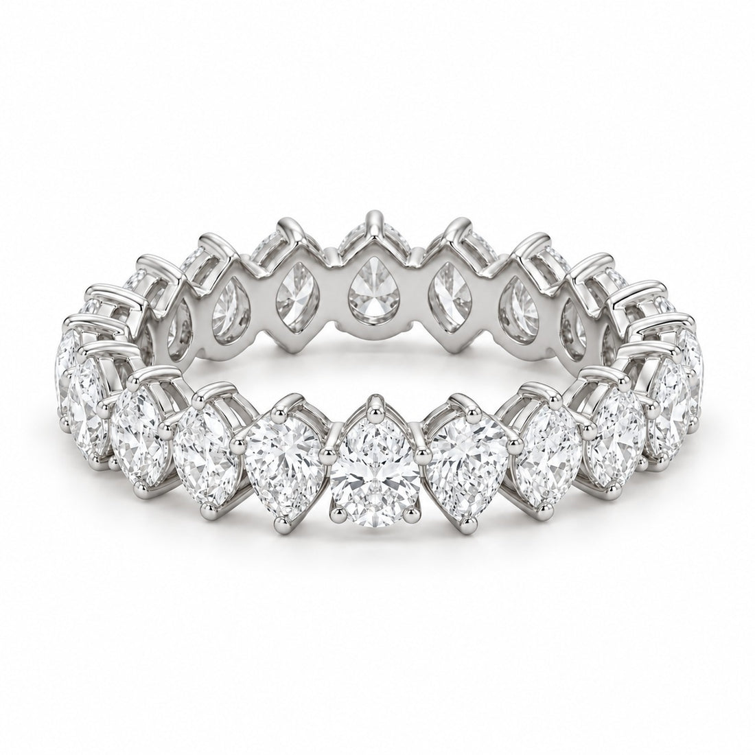 Pear interlocking lab-grown diamond eternity band, 4x3mm, 14K white gold, angled view