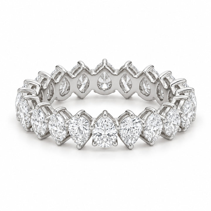 Pear interlocking lab-grown diamond eternity band, 4x3mm, 14K white gold, angled view