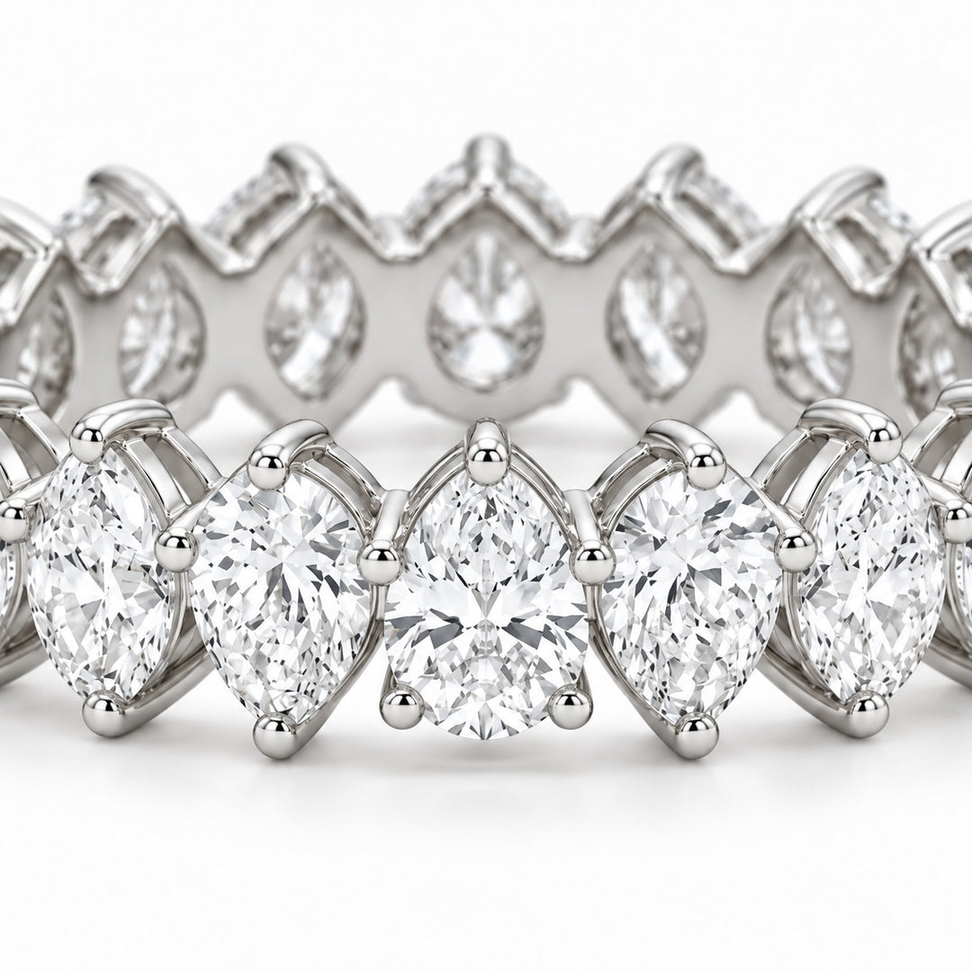 Pear interlocking lab-grown diamond eternity band, 4x3mm, 14K white gold, macro of the stones