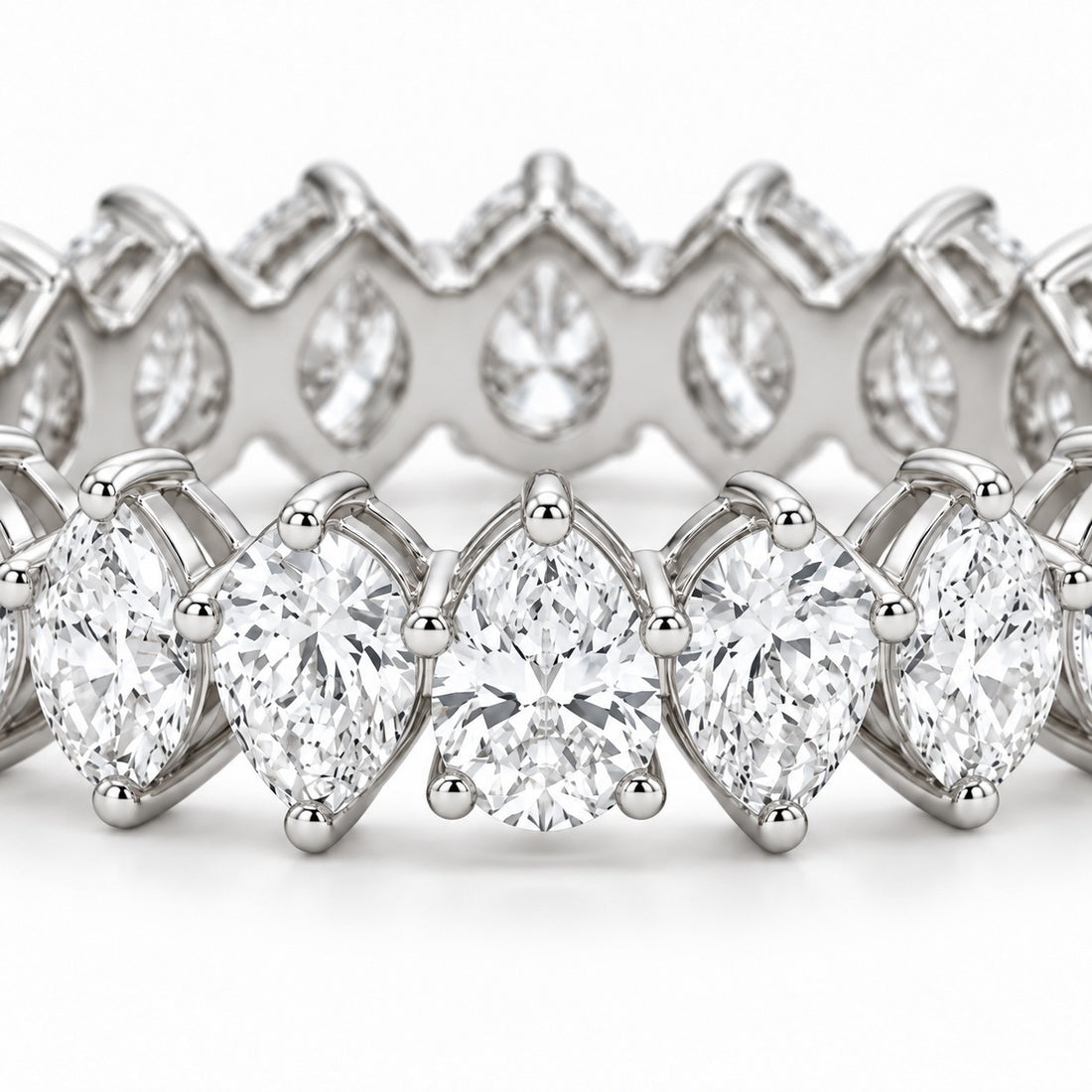 Pear interlocking lab-grown diamond eternity band, 4x3mm, 14K white gold, macro of the stones