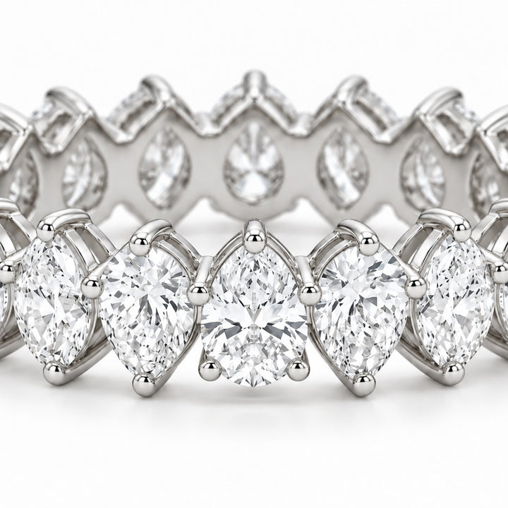 Pear interlocking lab-grown diamond eternity band, 4x3mm, 14K white gold, macro of the stones