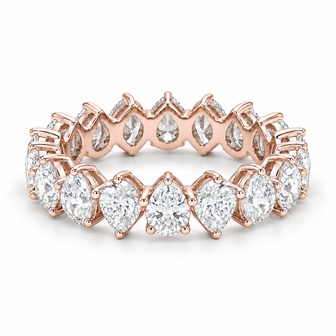 Pear interlocking lab-grown diamond eternity band, 5x3mm, 14K rose gold, angled view