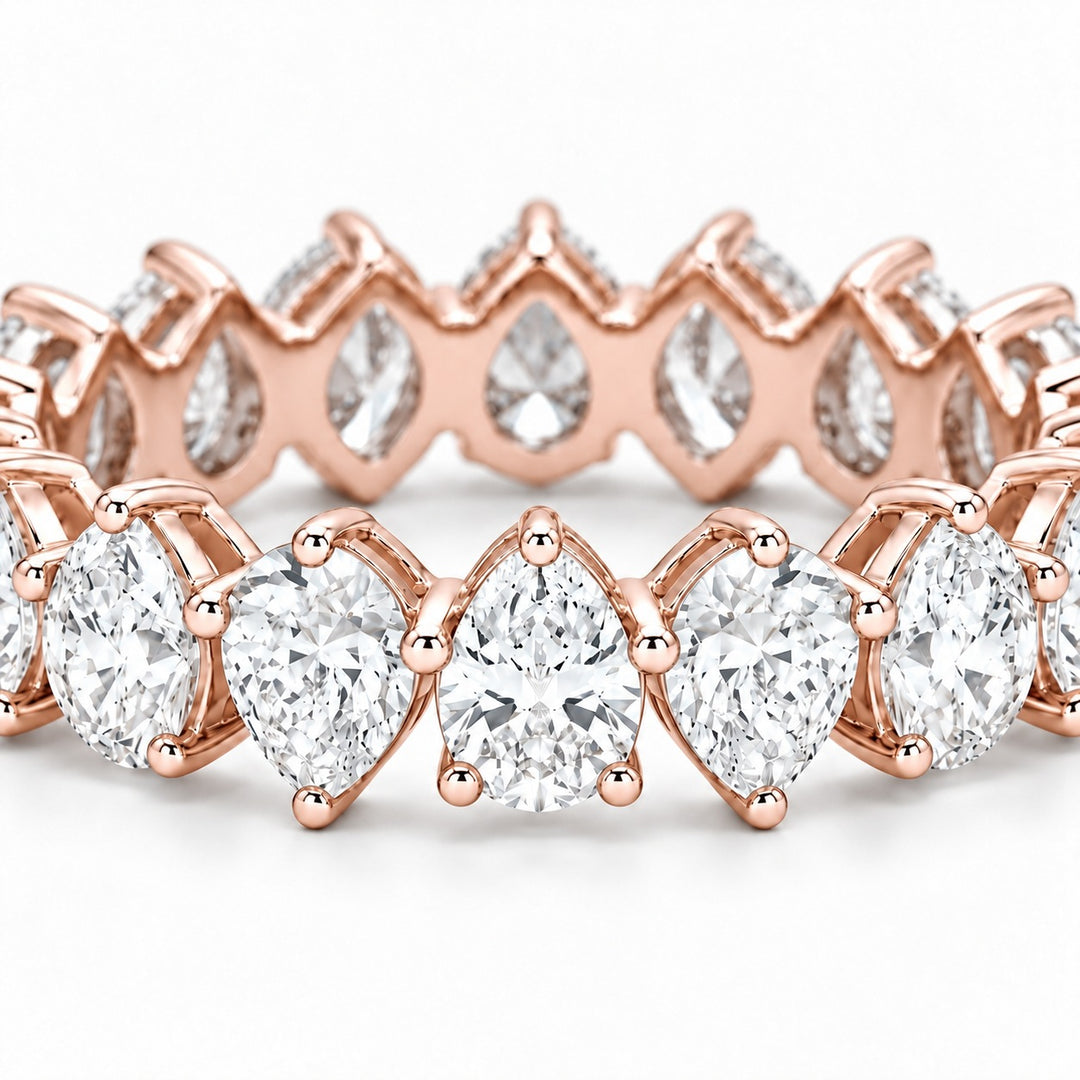 Pear interlocking lab-grown diamond eternity band, 5x3mm, 14K rose gold, macro of the stones