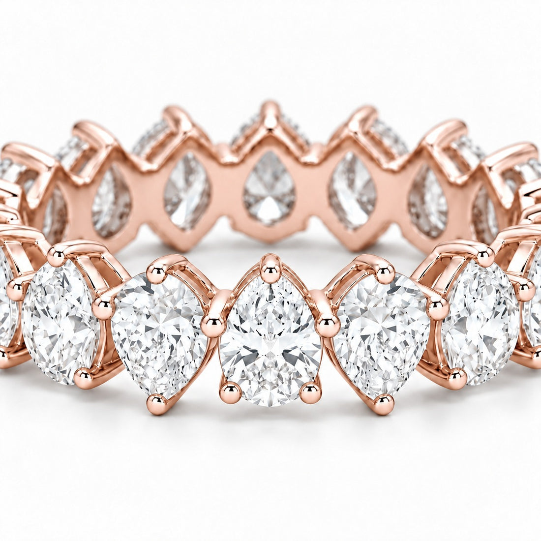 Pear interlocking lab-grown diamond eternity band, 5x3mm, 14K rose gold, macro of the stones