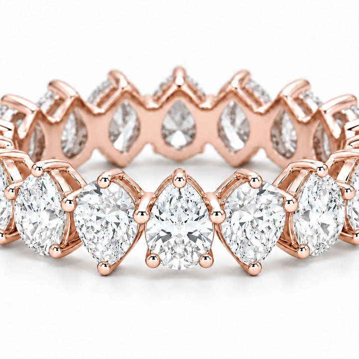 Pear interlocking lab-grown diamond eternity band, 5x3mm, 14K rose gold, macro of the stones