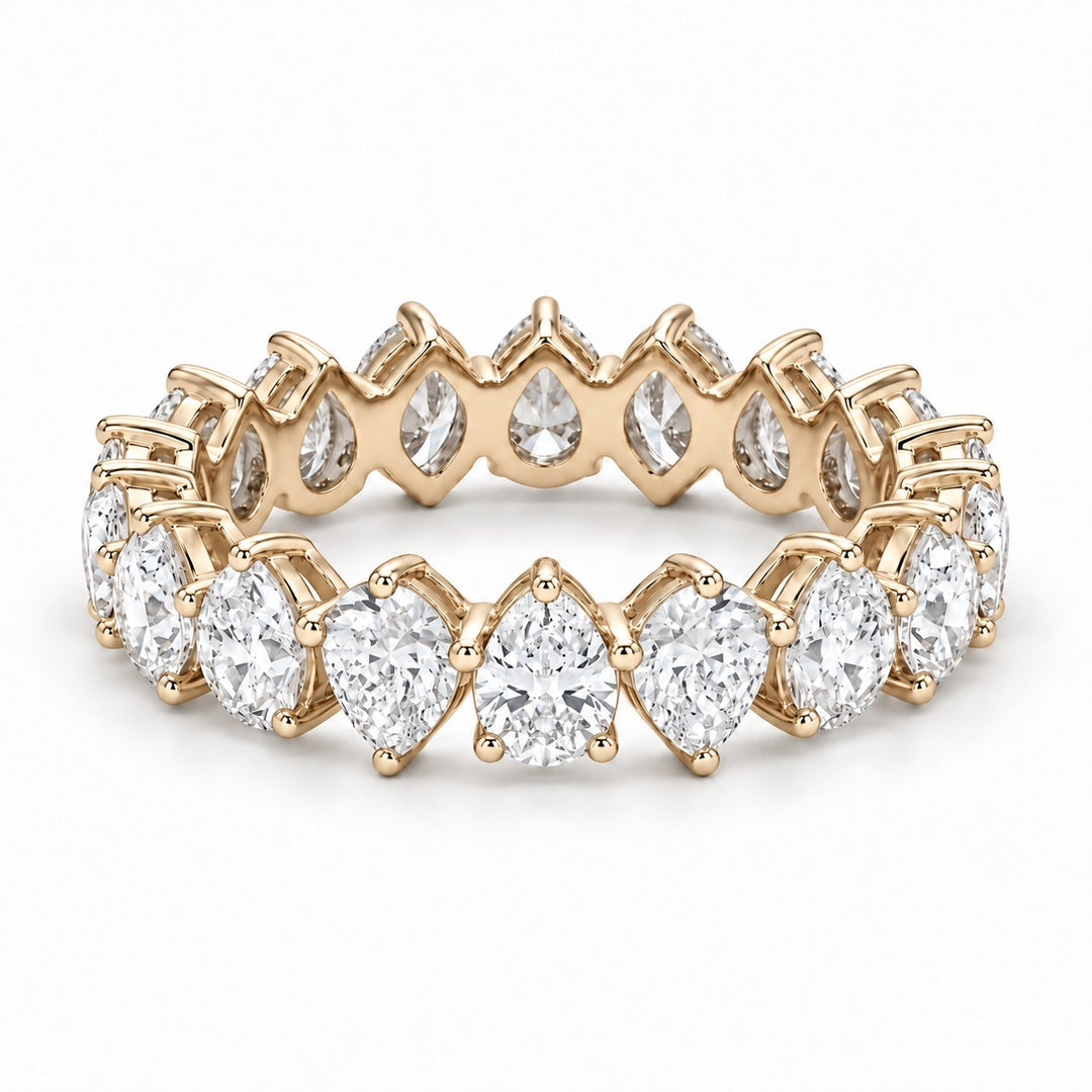 Pear interlocking lab-grown diamond eternity band, 5x3mm, 14K yellow gold, angled view
