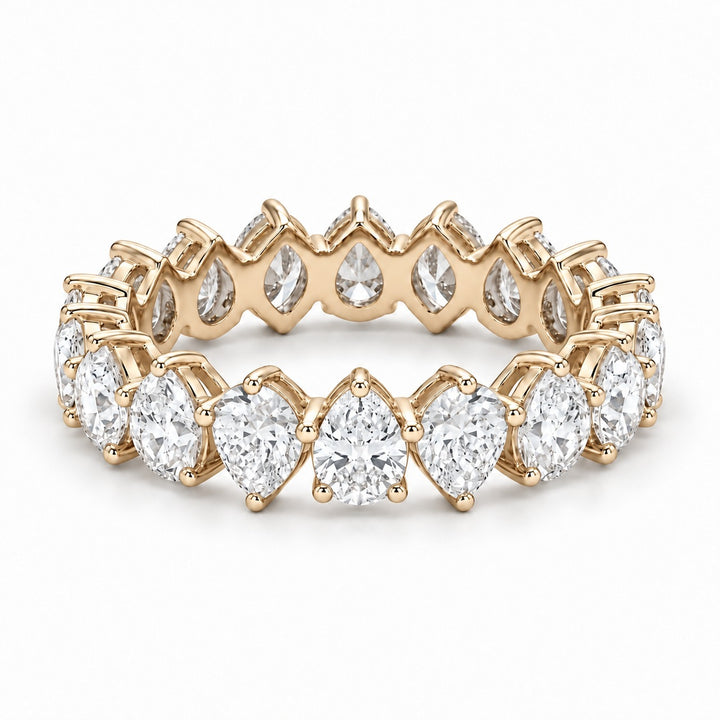 Pear interlocking lab-grown diamond eternity band, 5x3mm, 14K yellow gold, angled view