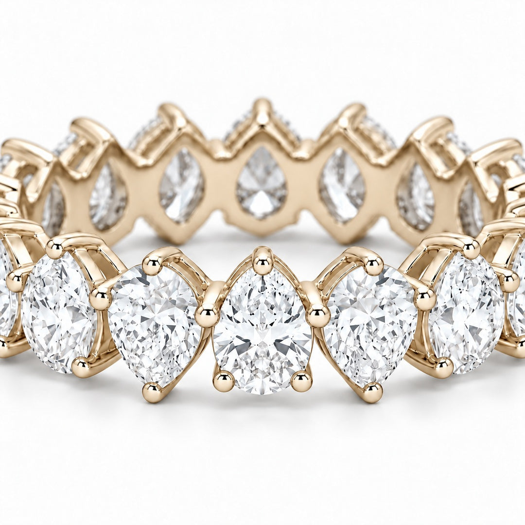Pear interlocking lab-grown diamond eternity band, 5x3mm, 14K yellow gold, macro of the stones