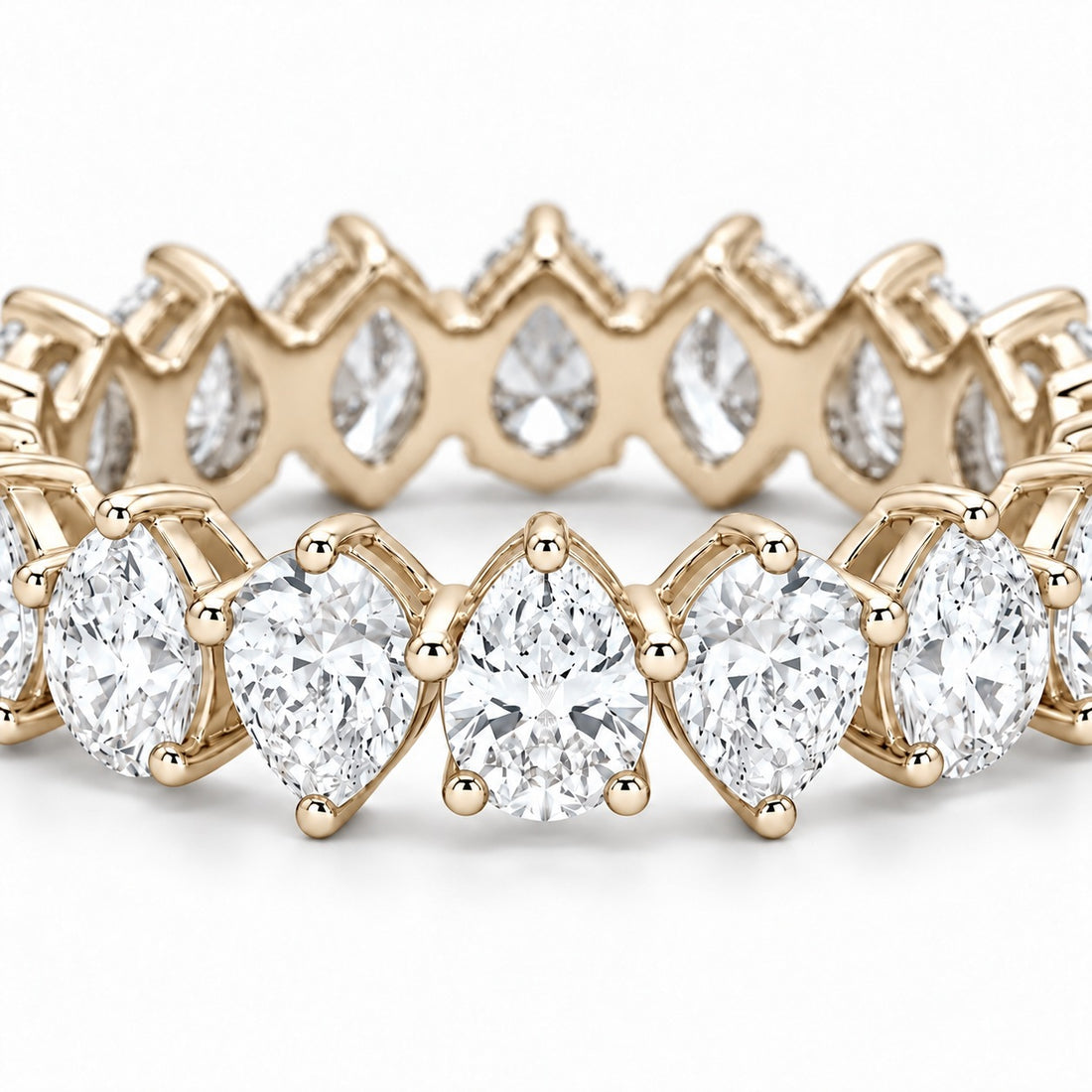 Pear interlocking lab-grown diamond eternity band, 5x3mm, 14K yellow gold, macro of the stones