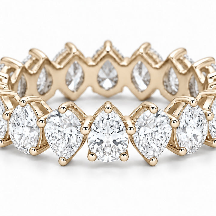 Pear interlocking lab-grown diamond eternity band, 5x3mm, 14K yellow gold, macro of the stones