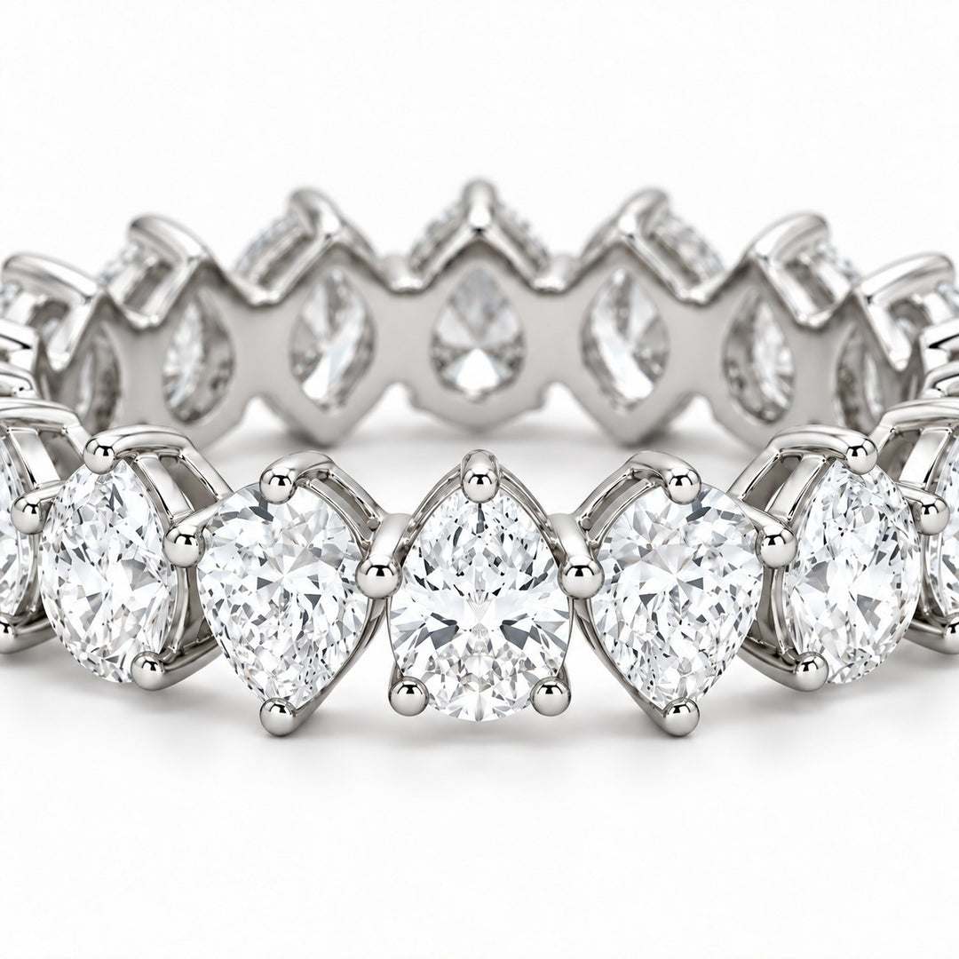 Pear interlocking lab-grown diamond eternity band, 5x3mm, 14K white gold, macro of the stones