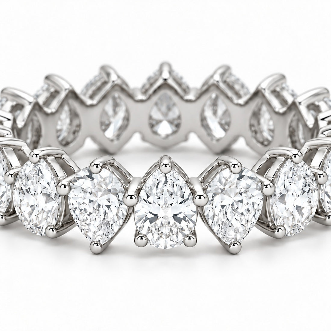Pear interlocking lab-grown diamond eternity band, 5x3mm, 14K white gold, macro of the stones