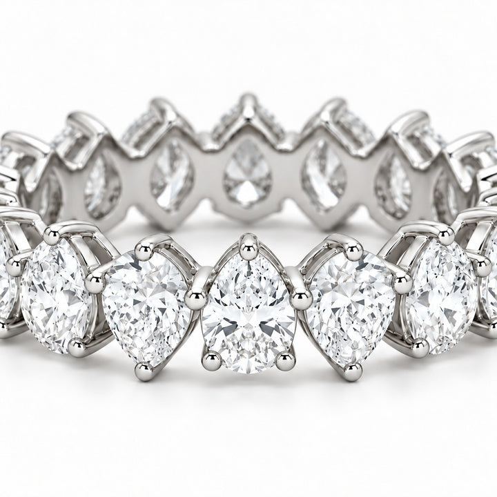 Pear interlocking lab-grown diamond eternity band, 5x3mm, 14K white gold, macro of the stones