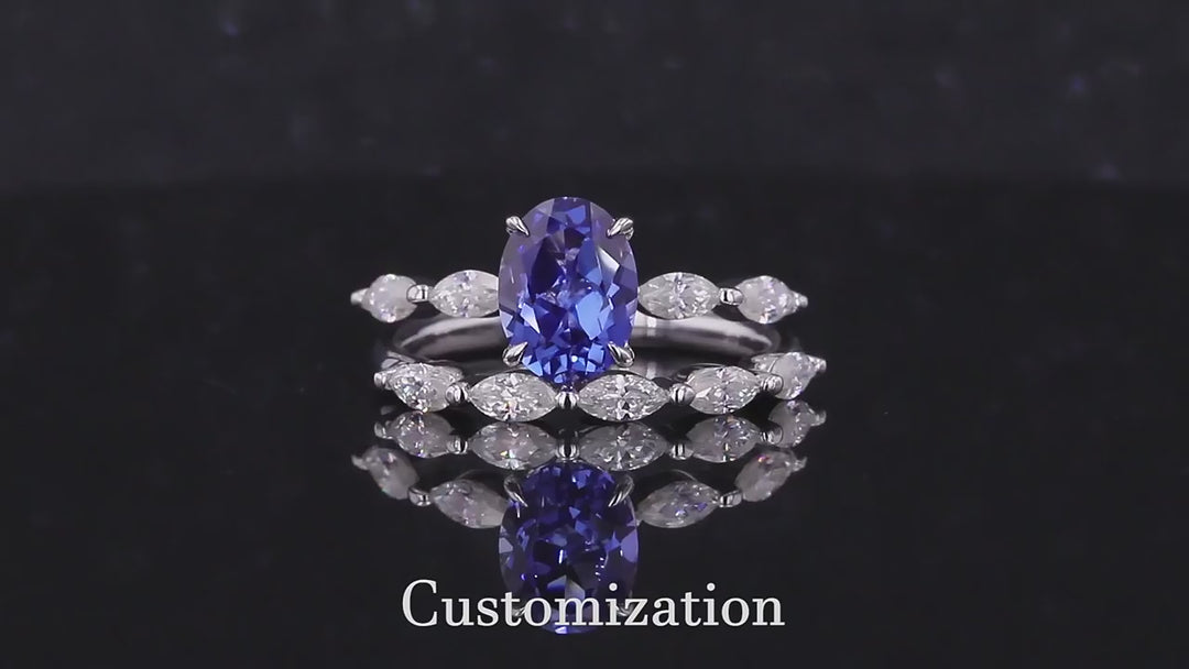 5x7mm, 1.10ct Oval Lab-Grown Blue Sapphire with Marquise Diamond 5-Stone Ring with Stacking Band in 14K White Gold