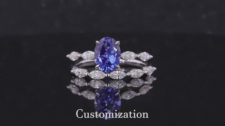 5x7mm, 1.10ct Oval Lab-Grown Blue Sapphire with Marquise Diamond 5-Stone Ring with Stacking Band in 14K White Gold