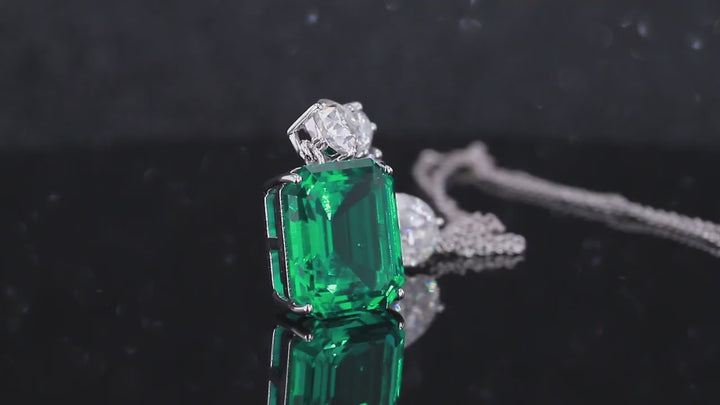 10x12mm, 4.50ct Lab-Grown Zambian Emerald Dangle Pendant with Pear/Round Diamonds Rolo Necklace in 14K White Gold