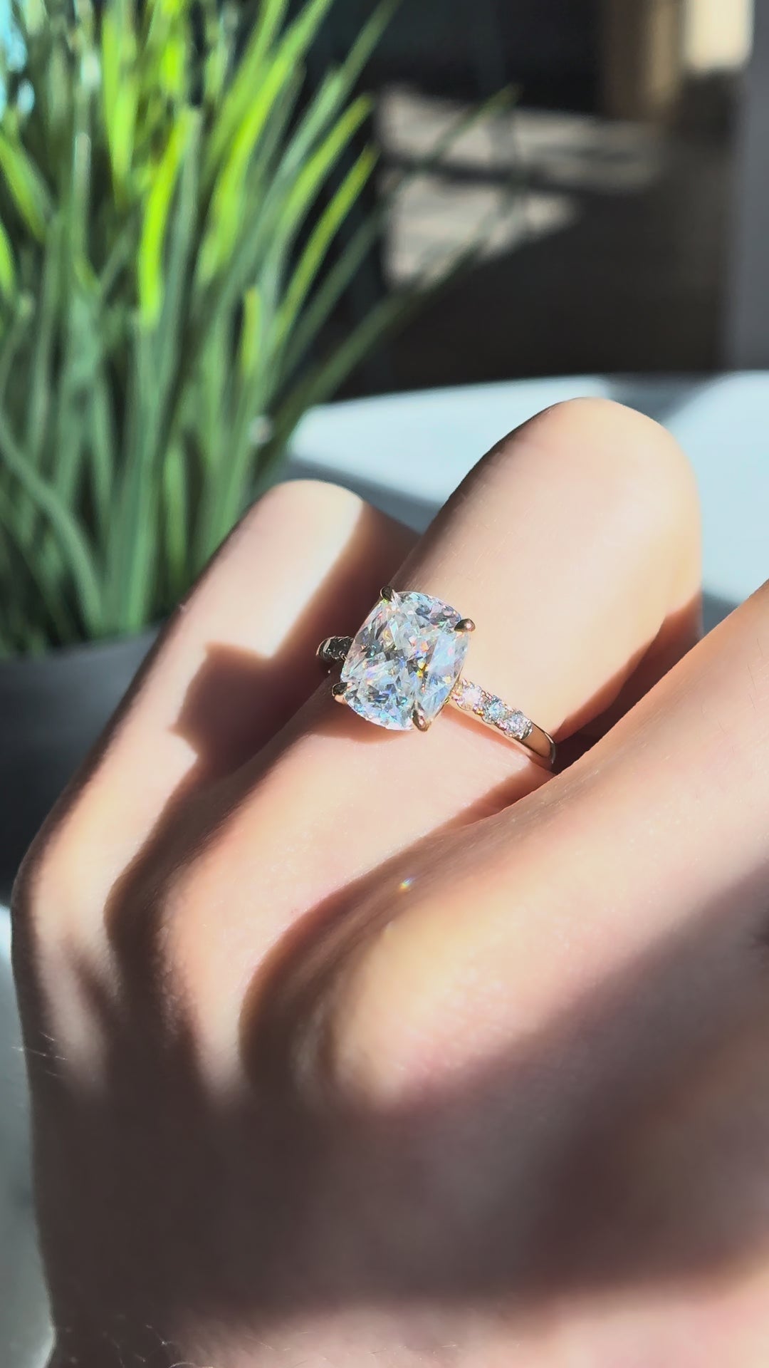 3.00ct Cushion-Cut Moissanite with Pavé Band Ring in 14K Yellow Gold