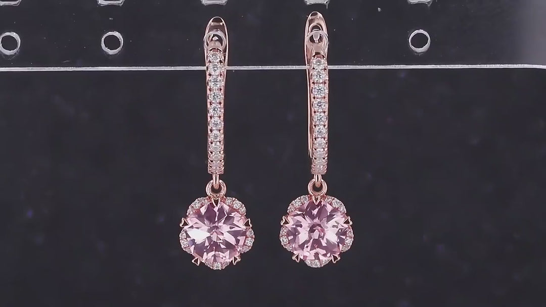 6x6mm, 1.25ct Each Pentagon Lab-Grown Pink Sapphire Hoop with Diamond Dangle Earrings in 14K Rose Gold