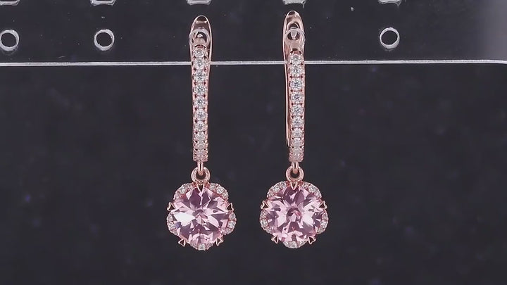 6x6mm, 1.25ct Each Pentagon Lab-Grown Pink Sapphire Hoop with Diamond Dangle Earrings in 14K Rose Gold