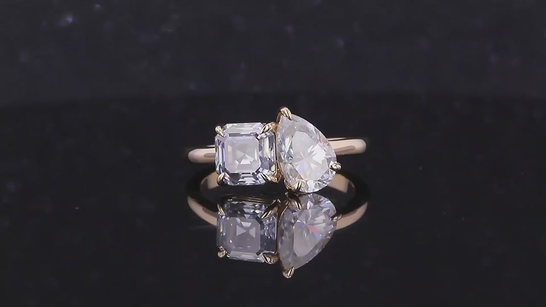 6x9mm Pear and 6.5mm Grey Asscher Cut Moissanite Toi Et Moi Ring in 10K Solid Yellow Gold