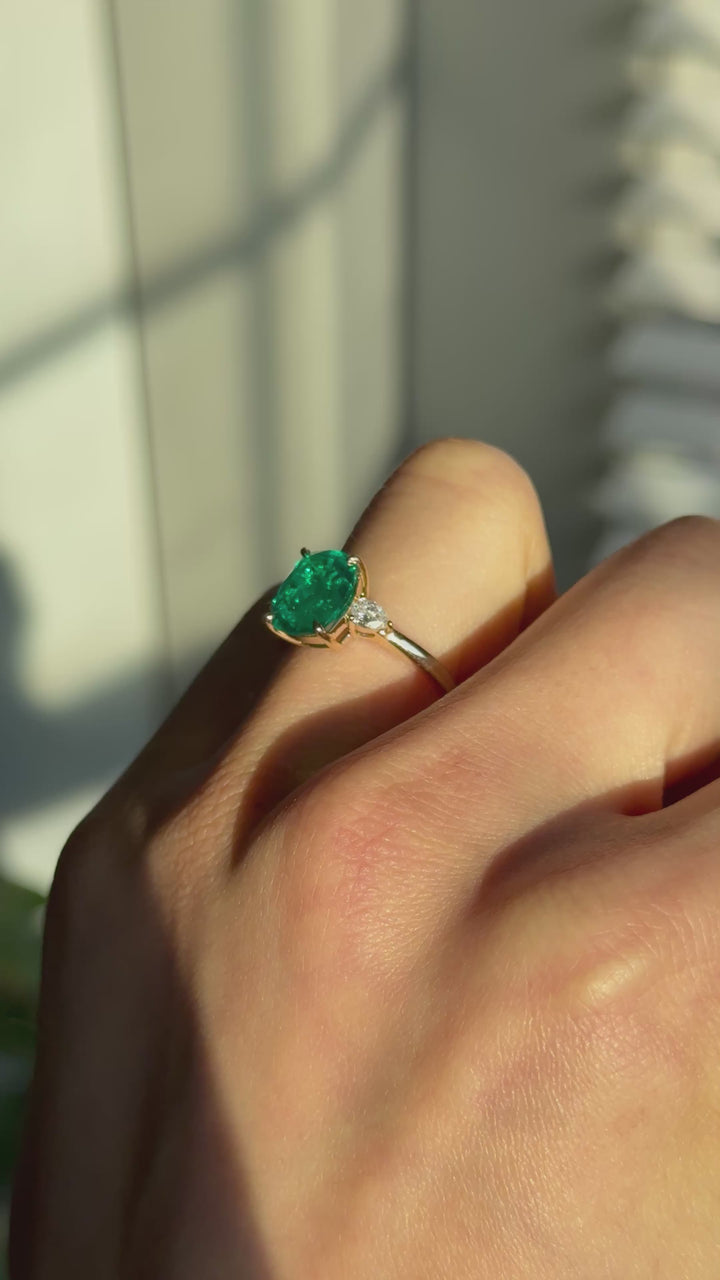 The Elysian — Cushion Three-Stone Emerald Ring