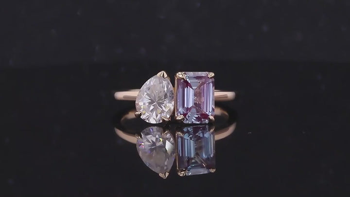 6*8mm Emerald Cut Alexandrite and 6*8mm Pear Cut Moissanite Toi Et Moi Ring in Solid 14K Yellow Gold