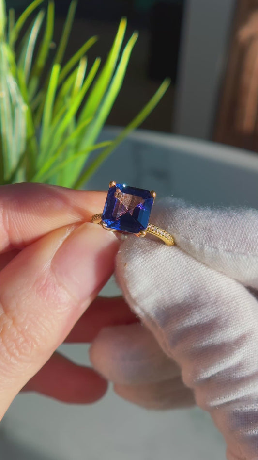 Customized™ 3.75ct Asscher Cut Natural Tanzanite Ring with Half-Eternity/Hidden Halo Design in 14K Solid Yellow Gold