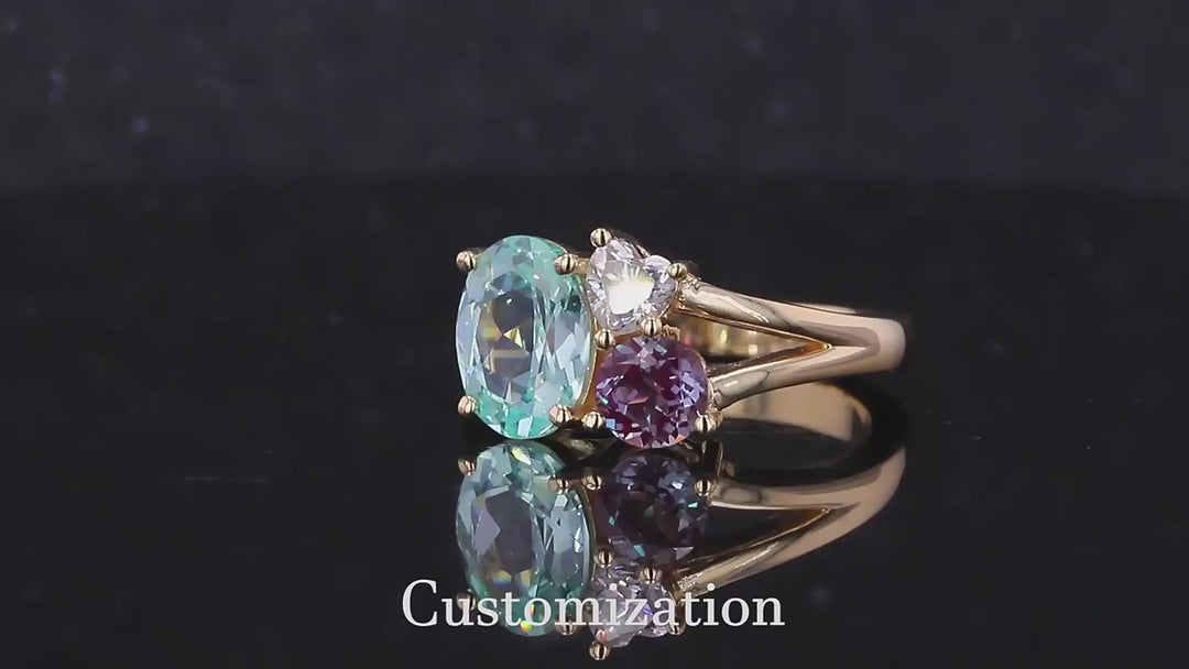 7*9mm Oval Cut Paraiba,4*4mm Round Cut Alexandrite, 4mm Heart Cut Moissanite Three Stone Toi Et Moi Ring in Solid 18K Yellow Gold