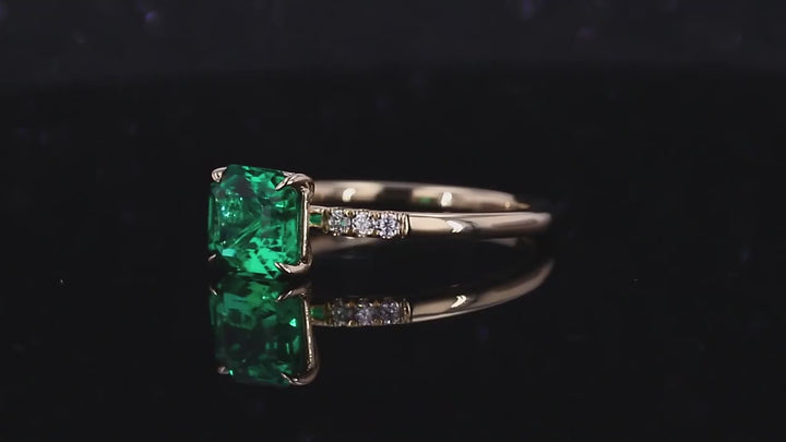 7x7mm, 1.50ct Asscher Lab-Grown Zambian Emerald with Diamond Accent Ring in Yellow Gold
